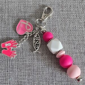 New Breast Cancer Awareness Pink White Beaded Key Chain Purse Charm